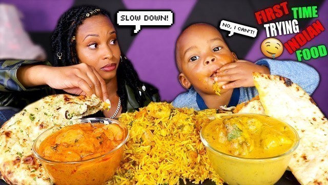 'BABY ELIJAH First Time Trying INDIAN FOOD Mukbang CHEESE NAAN SHRIMP BIRYANI LAMB KORMA QUEEN BEAST'