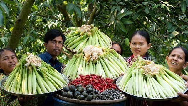 'Yummy Frying Spicy Chilies Baby Corns With Snails and Shells - Eating and Sharing Foods at Rural'