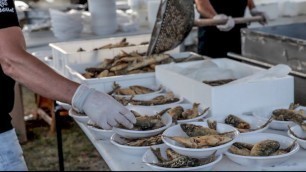 'Frying Fish for a Hundred People Dinner. Italy Street Food Fair, Sardinia'