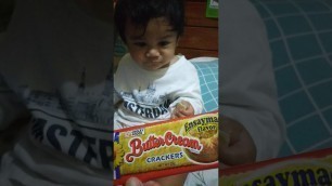 'Cute baby Lior at 11 months kinakain ng buttercream crackers #babyfood #crackers'