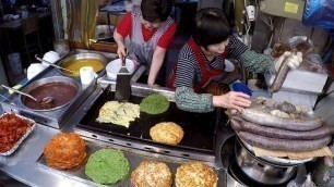 'Frying Lots of Fish, Pancakes and Vegetables. Korea Street Food. Gwangjang Food Market, Seoul'