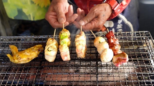 'Japanese Street Food - Yakitori Grilled Chicken Skewers cuisine cooking making videos Osaka Japan'