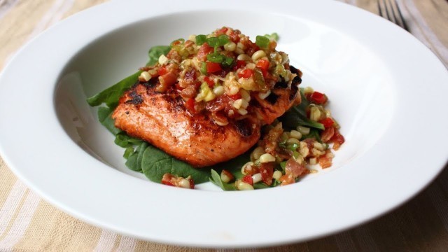 'Grilled Salmon with Bacon & Corn Relish - Salmon with Warm Sweet Corn and Bacon Relish Recipe'