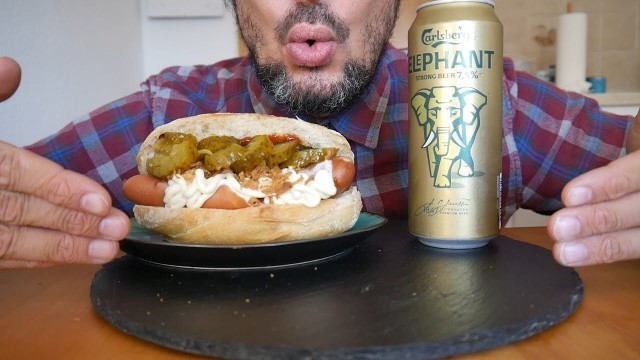 '*SAVAGE* ASMR – Danish Hot Dog + Carlsberg Elephant beer – Danish Food & Drink'