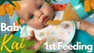 'Reborn Boy Baby Kai: First Feeding & Changing. Reborn Doll Eating Real Mango Baby Food.'