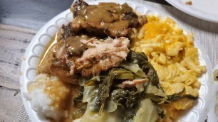 'SOUL FOOD SUNDAY OVEN BAKED CHICKEN, GREENS, RICE WITH GRAVY, CHEESY MACARONI AND HONEY CORN BREAD'