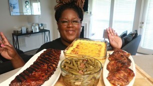 'SOUL FOOD MEAL MAC N CHEESE BAKED CHICKEN RIBS FRESH STRING BEANS ASMR COOKING SOUNDS'