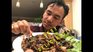 'Khmer Food      How to deep fried Crickets    របៀបបំពងចង្រិតដូង'