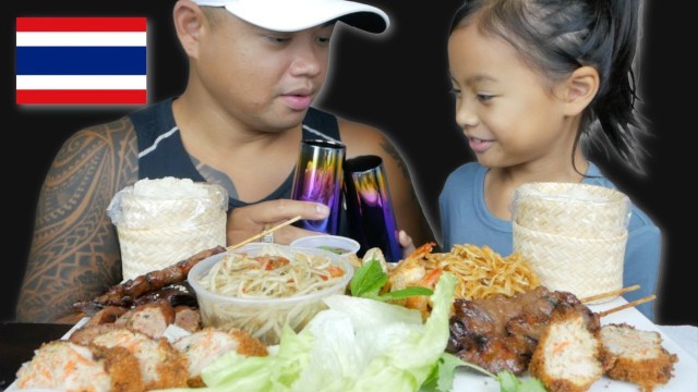 'THAI FOOD *Stuff Chicken, Pork Satay. Pad Thai, Papaya Salad & Sticky Rice Mukbang | N.E Let\'s Eat'