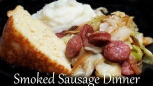 'Soul Food Smoked Sausage, Cabbage, Cornbread and Creamed Potatoes'