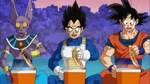 'Goku vegeta beerus and whis eats ramen'