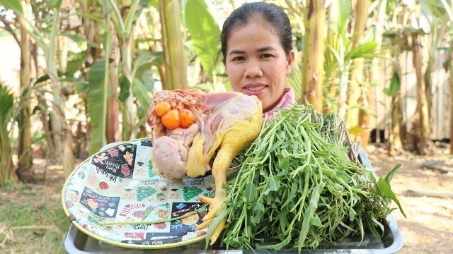 'Cooking Water Spinach With Chicken Recipe -  Chicken Egg Cooking -  Khmer Food TV'